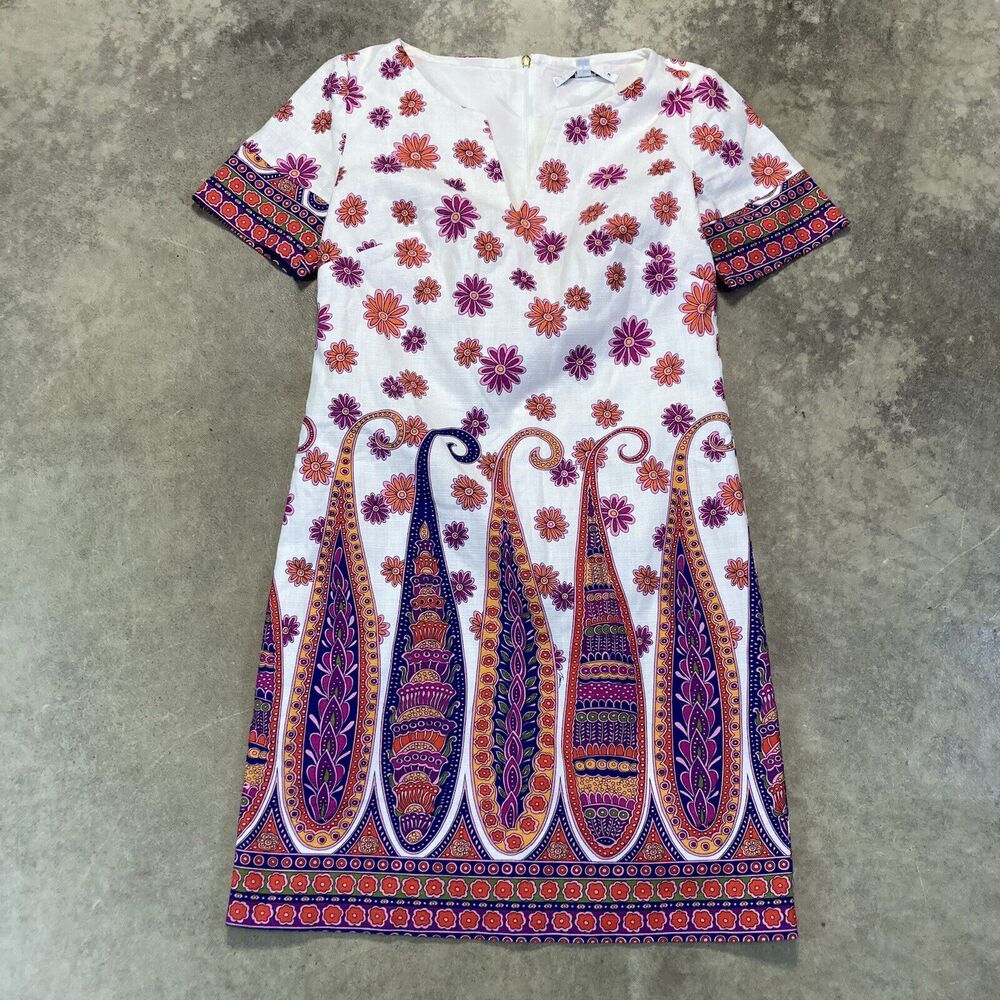 Trina Turk Dress Womens 2 Museum Short Sleeve Shift Paisley V Neck Office